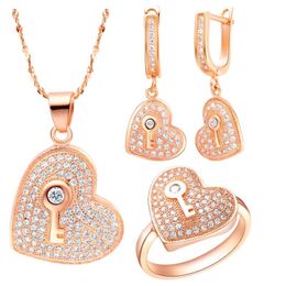 Necklace Earrings Set & Heart Love Rose Gold Colour Cubic Zirconia White Wedding Accessories Cute Oval And Round Micro Pave Crystal Jewellery