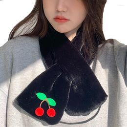 Scarves Korean Cute Cherry Faux Fur Thicken Cross Plush Scarf Female Winter Outdoor Sports Riding Neck Guard Warm Shawl Q67
