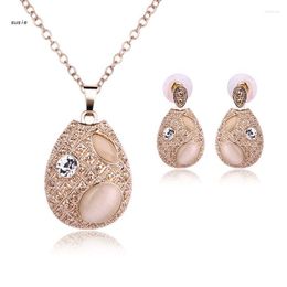 Necklace Earrings Set X7YA Pink For Rhinestone Waterdrop Design Pendant Jewellery W