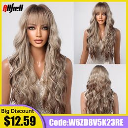 Long Curly Blonde Ombre Synthetic Wigs with Bangs Brown Highlights Water Wavy Hair Cosplay Wig for Black Women Heat Resistantfac