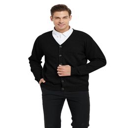Suéter de algodón de cuello en V para hombre Cardigan de manga larga-Black-L