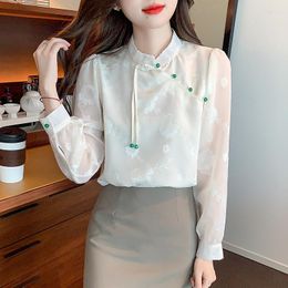 Women's Blouses Chiffon Solid Blouse Fashion Loose Shirt Summer Large Size Casual Retro Long Sleeve Top 2023 Chinese Style