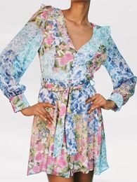 Casual Dresses Kumsvag 2023 Women Summer Mini Shirts Dress Fashion Print V-Neck Ruffles Single Breasted Belt Satin Female Elegant Cloth