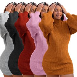 Casual Dresses Solid Knitted Sweater Dress Turtleneck Long Sleeve Sexy For Women 2023 Fashion Club Party