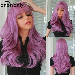 Long Purple Wig with Bangs Natural Wave Heat Resistant Wavy Hair Synthetic Wigs for Women Lolita Cosplayfactory direct