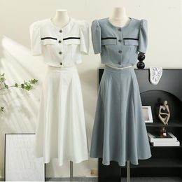 Work Dresses Fashion 2pcs Sets Women Outfits Vintage Short Sleeve O-neck Single Breasted Coats A-line Elastic High Waist Skirts Femme Suits