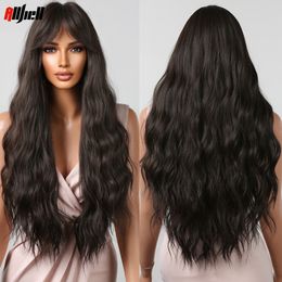 Dark Brown Wigs Long Loose Wavy Cosplay Synthetic Wig with Bangs for Black Women Wave Daily Lolita Heat Resistant Natural Hairfa