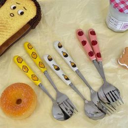 Dinnerware Sets 2023 High-Value Spoon And Fork Two-Piece Set Cute Couple Fruit Cartoon Printing Ceramic Stainless Steel Tableware