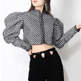 Women's Jackets High Qulity Retro Women's Coats 2023 Spring Autumn Small Stand-up Collar Single-breasted Puff Sleeve Short Jacket Women