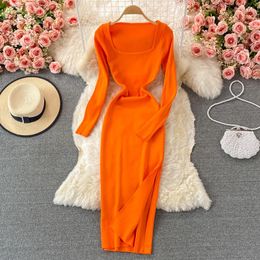 Casual Dresses Autumn Winter Women Knitted Sheath Flat Sexy Ladies Solid Slim Tight Mid-calf Square Neck Middle Pencil Dress