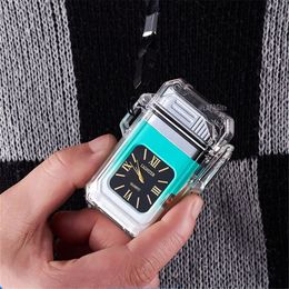 Smart Electric Lighter Double Arc Lighter With Clock Outdoor Watch Rechargeable Windproof Waterproof Personality Trend Electronic Transparent