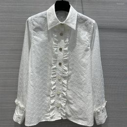 Women's Blouses Women Shirt Spring Summer White Cotton Turn-down Collar Ruffles Hollow Out Vintage Court Style Elegant Female Clothing