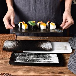 Plates Japanese Ceramic Sushi Plate Creative Black Personality Rectangular Flat Cuisine Dessert Cake Set