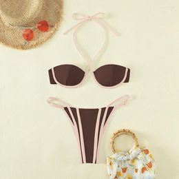 Women's Swimwear Women Bandeau Bikinis Set Summer Beach Wear Sexy Push-up Padded Bra Tops Thong Bottoms High Cut Bathing Suit Female