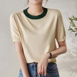 Women's T Shirts Elegant Shirt Women Summer Tops Camisetas Mujer Tee Femme Contrast Colour Knitted Short Sleeve Womens Clothing