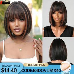 Black Straight Synthetic Hair Wigs with Bangs Short Bob Red Highlights Wigs for Women Daily Cosplay Natural Wig Heat Resistantfa