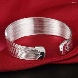 Bangle 925 Colour Silver Cuff Bracelets For Women Vintage Elegant Lines Bangles Fashion Wedding Party Jewellery Christmas Gifts