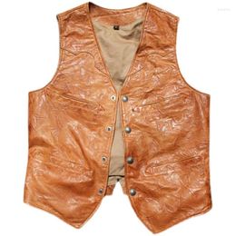 Men's Vests Quality Mens Genuine Brown High Leather Classic Biker Club Style Waistcoat Vest Vintage Casual Sheepskin Sleeveless Jackets