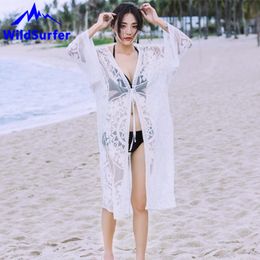 Sarongs WildSurfer White Beach Dress Long Sunscreen Lace Embroidered Cardigan Sexy Bikini Cover Up Bathing Suit Blouse Coat Summer