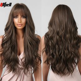 Ash Brown Long Synthetic Wigs Hair for Black Women Long Water Wavy Natural Wig with Bangs Daily Cosplay Party Use Heat Resistant