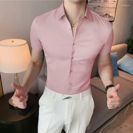 Men's Dress Shirts Mens Elastic Solid Colour Fibre Summer Thin Ice Silk Fabric Short Sleeve Shirt Men Casual Business Work