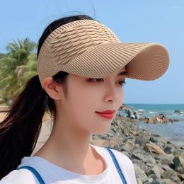 Wide Brim Hats 2023 Summer Sun Women's Straw Visor Caps Solid Colour Casual Shade Hat Empty Top Breathable Beach Sunscreen