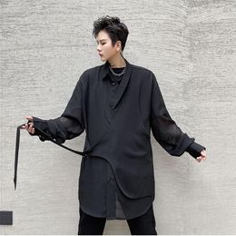 Men's Casual Shirts 2023 Spring Summer Sexy Chiffon Oversized Black Shirt Men Women Harajuku Long Ribbon Blouse Mesh See-through