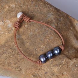 Strand Blue Pearls Bracelet Simple Three Beaded Jewellery Girls Freshwater Leather Wristband Cowhide Jewel