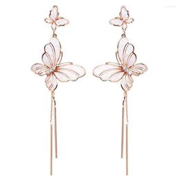 Stud Earrings 2023 Korean Fashion Jewellery Gold Plated Piercing Long Tassel Cute Pink Enamel Crystal Butterfly For Women Girls