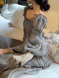 Casual Dresses Fashion Women Vintage Party Prom Long Dress Spring Slim Pleated Birthday Evening Vestidos Female Wedding Mujers Robe