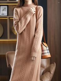 Casual Dresses Cashmere Knitted Dress Loose Twist Slim Women Midi Long Sleeve Autumn Winter Thick Vintage Sweater Straight Elegant