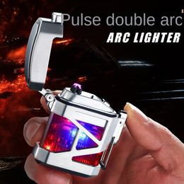 Metal USB Smart Electric Heaters Plasma Dual Arc Outdoor Camping Lighter Rechargeable Waterproof Electronic Lighter Pulse Cross Thunder Ligthers Gift
