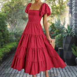 Party Dresses Women Beach Short Sleeve Square Neck Maxi Dress Puffy Long Bodycon Smocked Tiered Solid Color For Cocktail Wedding