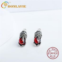 Stud Earrings BONLAVIE S925 Pure Silver Inlaid With Red Garnet Antique Earring Chinese Style Fabulous Wild Beast Jewellery