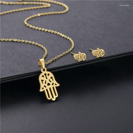 Pendant Necklaces Amulet Fatima Hand Necklace And Earring Set Man Arabic Hollow Stainless Steel Hamsa Earrings Stud Choker Islamic Jewellery