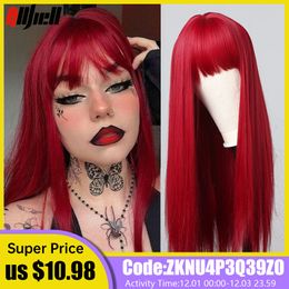 Long Red Synthetic Wigs for Women Straight Natural Hair Cosplay Lolita Wig with Bangs Female Wig Heat Resistant Fibre Party Usef