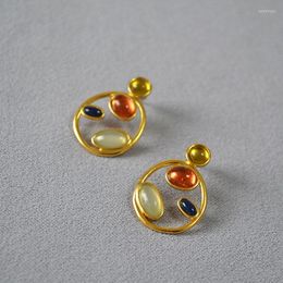 Stud Earrings Fine Classy Unique French Retro Gold Plated Copper Earings With Colourful Gem Stone Elegant 925 Silver Pin Vintage