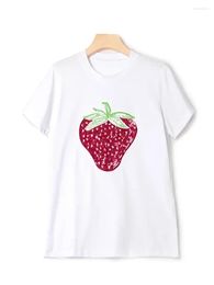 Women's T Shirts Women's Round Neck Tee Embroidered Sequins Strawberry White Short Sleeve All-match Female Cotton Tshirt