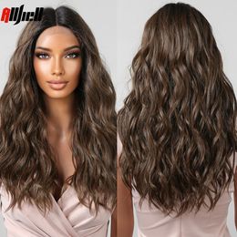 Long Synthetic Lace Frontal Wigs Brown Ombre Long Natural Wave Transparent Lace Wig for Black Women Daily Heat Resistant Hairfac