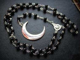 Chains Long Gothic Crescent Moon Necklace.Spirit Rosary Necklace Wicca Pagan Black Beads Charm Jewelry