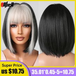 Short Straight Synthetic Black Bob Wigs with Platinum Blonde Bangs for Women White Blonde Natural Cosplay Hair Heat Resistantfac