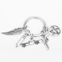 Keychains Dongsheng Supernatural Symbol Logo Metal Key Ring Keychain Pentagram Car Gun Charms Pendants Llaveros Gifts -50