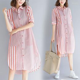 Women's Blouses 2023 Spring And Summer Women's Literature Art Vertical Stripe Stitched Shirt Skirt Loose Medium Length Top