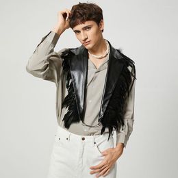 Men's Vests Men Feather PU Leather Patchwork Fashion Backless Irregular Waistcoats Streetwear 2023 Lapel Sleeveless