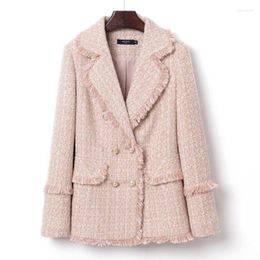 Women's Jackets 2023Autumn Winter Plaid Tweed Woollen Vintage Runway Designer Long Sleeve Ladies Tassels Twill Coat