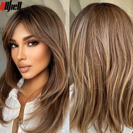 Ombre Brown Layered Synthetic Wigs with Bangs Medium Length Straight Daily Wig for Black Women Daily Natural Hair Heat Resistant