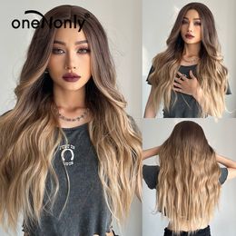 Synthetic Wig Ombre Blonde Brown Long Wigs Middle Part Hair Wig for Women Daily Natural Wavy Heat Resistant Fiberfactory direct