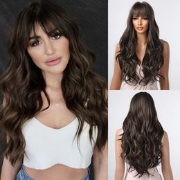 Dark Brown Highlights Golden Long Synthetic Wigs with Bangs for Black Women Body Wavy Party Wig Hair Heat Resistant Wedding Usef