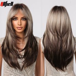 Blonde Ombre Layered Synthetic Wigs with Bang for Women Long Straight Hair Dark Brown Highlights Wig Heat Resistant Cosplay Usef