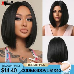 Short Black Bob Synthetic Wigs for Women Middle Part Straight Hair Heat Resistant Wigs African Female Natural Daily Party Usefac